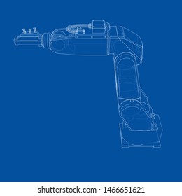 Industrial robot manipulator. Vector image rendered from 3d model in sketch style or drawing. Blue background