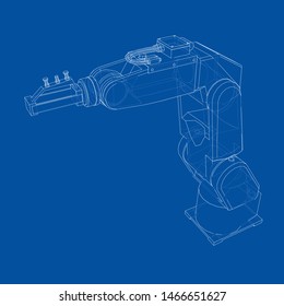 Industrial robot manipulator. Vector image rendered from 3d model in sketch style or drawing. Blue background