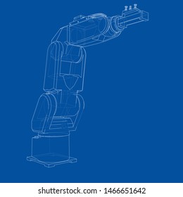 Industrial robot manipulator. Vector image rendered from 3d model in sketch style or drawing. Blue background