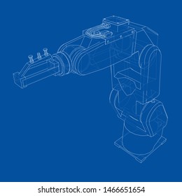 Industrial robot manipulator. Vector image rendered from 3d model in sketch style or drawing. Blue background