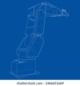 Industrial robot manipulator. Vector image rendered from 3d model in sketch style or drawing. Blue background