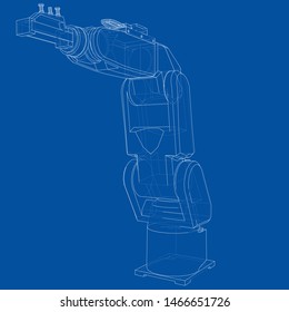 Industrial robot manipulator. Vector image rendered from 3d model in sketch style or drawing. Blue background