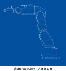 Industrial robot manipulator. Vector image rendered from 3d model in sketch style or drawing. Blue background