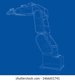 Industrial robot manipulator. Vector image rendered from 3d model in sketch style or drawing. Blue background