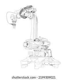 Industrial robot manipulator. Vector image rendered from 3d model in sketch style or blueprint