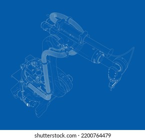 Industrial robot manipulator. Vector image rendered from 3d model in sketch style or blueprint