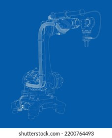 Industrial robot manipulator. Vector image rendered from 3d model in sketch style or blueprint
