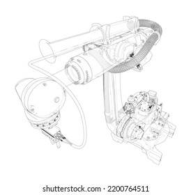 Industrieroboter-Manipulator. Vektorbild aus 3D-Modell in Skizze oder Bauplan