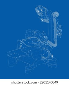 Manipulador de robots industrial. Imagen vectorial representada a partir de un modelo 3d en forma de esbozo o plano