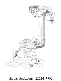 Manipulador de robots industrial. Imagen vectorial representada a partir de un modelo 3d en forma de esbozo o plano