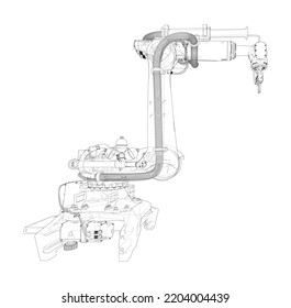 Industrial robot manipulator. Vector image rendered from 3d model in sketch style or blueprint