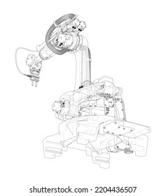 Industrial robot manipulator. Vector image rendered from 3d model in sketch style or blueprint