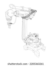 Industrial robot manipulator. Vector image rendered from 3d model in sketch style or blueprint