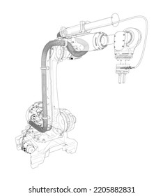Industrial robot manipulator. Vector image rendered from 3d model in sketch style or blueprint
