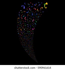 Industrial Robot random fireworks stream. Vector illustration style is flat bright multicolored iconic symbols on a black background. Object fountain made from scattered design elements.