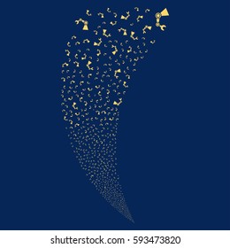 Industrial Robot random fireworks stream. Vector illustration style is flat yellow iconic symbols on a blue background. Object fountain made from scattered pictograms.