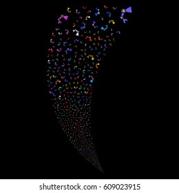 Industrial Robot random fireworks stream. Vector illustration style is flat bright multicolored iconic symbols on a black background. Object fountain made from scattered icons.