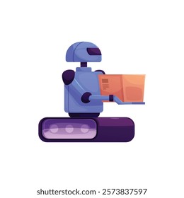 Industrial robot transportation, automatic logistics box process vector flat illustration. Delivery technology, distribution. Cartoon robot carry cardboard box in warehouse isolated on white