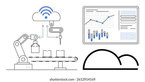 Industrial robotic arm assembling items on conveyor, cloud connectivity above showing network signals. Screen displays charts, graphs, and data insights. Ideal for manufacturing, IoT, automation, AI
