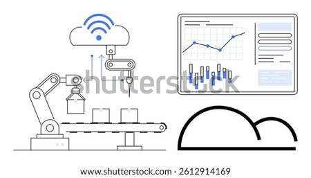 Industrial robotic arm assembling items on conveyor, cloud connectivity above showing network signals. Screen displays charts, graphs, and data insights. Ideal for manufacturing, IoT, automation, AI