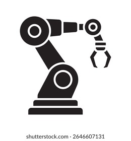 Ícone de braço robótico industrial para automação de fabricação e tecnologia de fábrica inteligente representando a produção moderna e linha de montagem processo vetor ícone de glifo sólido