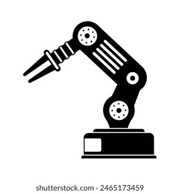 Industrial robotic arm manufacturing automation technology, factory assembly robot machine, black and white color.