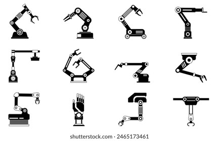 Industrial robotic arm manufacturing automation technology, factory assembly robot machine, black and white color.