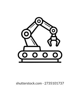 Industrial robotic arm on conveyor belt black and white engineering line icon vector illustration