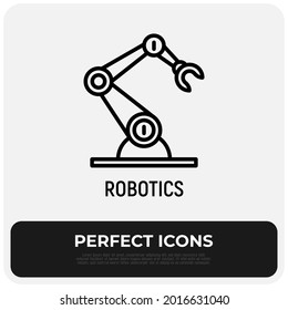 Industrial robotic arm thin line icon. Robotization, automated process. Modern vector illustration