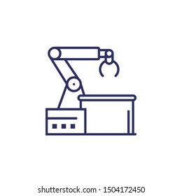 Industrial Robotic Arm, Vector Line Icon On White Background