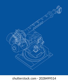 Industrial Robotic Arm. Vector rendering of 3d. Wire-frame style. The layers of visible and invisible lines are separated. Orthography