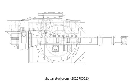 Industrial Robotic Arm. Vector rendering of 3d. Wire-frame style. The layers of visible and invisible lines are separated. Orthography