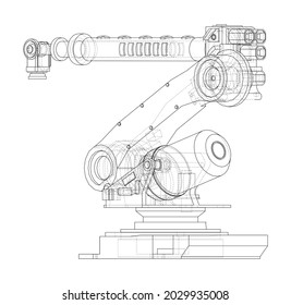 Industrial Robotic Arm. Vector rendering of 3d. Wire-frame style. The layers of visible and invisible lines are separated. Orthography