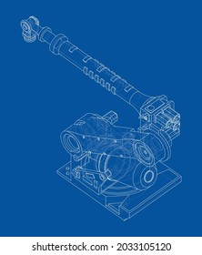 Industrial Robotic Arm. Vector rendering of 3d. Wire-frame style. The layers of visible and invisible lines are separated. Orthography