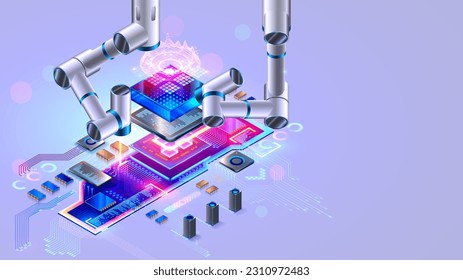 Brazos robóticos industriales en la placa de fabricación de la línea de montaje con chip, CPU, componentes electrónicos. Tecnología de fabricación electrónica de tarjetas de circuitos. Brazo o manipulador robótico en fábrica.