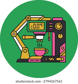 Industrial Robotic Coffee Maker Vector Illustration on Green Circle