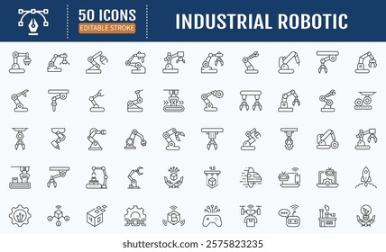 Industrial Robotic line editable icon set. Containing as automated industrial robot manipulators for factories. Vector Illustration