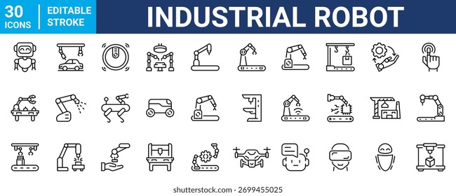 industrial robotics and automation technology web line icons. engineering interfaces, and smart industry. Editable stroke. Vector illustration