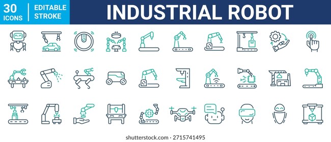 Robótica industrial y tecnología de automatización Iconos de línea de Web. Interfaces de ingeniería e industria inteligente. Trazo editable. Ilustración vectorial