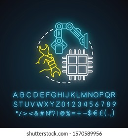 Industrial robotics neon light concept icon. Building technology idea. Types of robots, classification. Computer machine constructing. Glowing sign with alphabet,. Vector isolated illustration