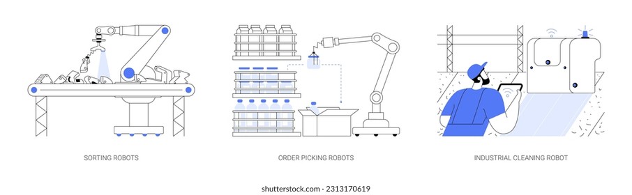 Industrial robots abstract concept vector illustration set. Autonomous sorting machine, warehouse processes automation, robotic order picking, smart industrial cleaning abstract metaphor.