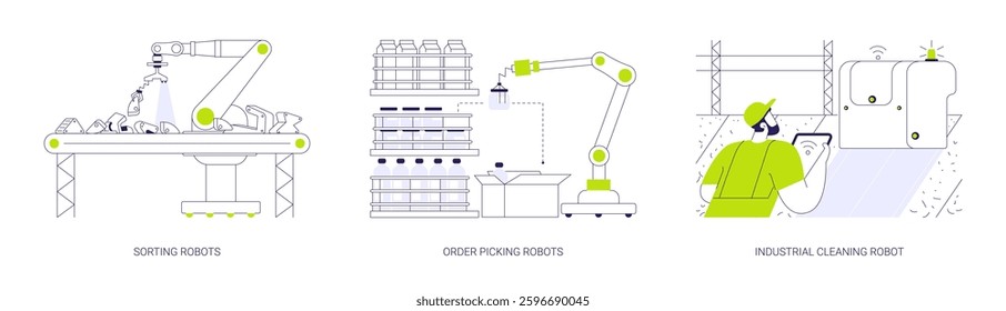 Industrial robots abstract concept vector illustration set. Autonomous sorting machine, warehouse processes automation, robotic order picking, smart industrial cleaning abstract metaphor.