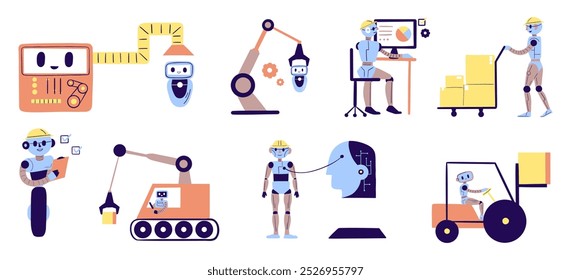 Industrial Robots and AI Automation Set. A collection of robots working in various industrial settings, showcasing automation, artificial intelligence, and factory operations for modern industries