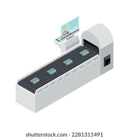 Industrial robots automated production factory with conveyor equipment 3d isometric vector illustration