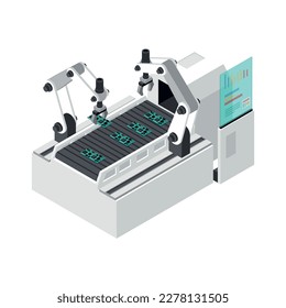 Industrial robots automation isometric icon with robotic arms working on assembly line 3d vector illustration