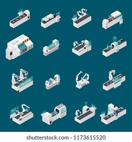Industrial robots automation isometric set of isolated images with icons of robotic medical and production facilities vector illustration