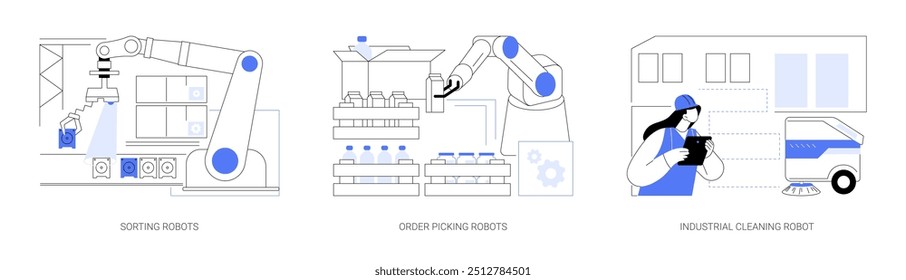 Robôs industriais conjunto de ilustrações de vetor de desenhos animados isolados. Máquina de triagem autônoma, automação de processos de armazém, separação de ordem robótica, limpeza industrial inteligente vetor cartoon.