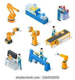 Industrial Robots. Isometric Machines, Assembly Line Elemets And Robotic Arms With Workers. 3d Manufacturing Technologies Vector Set. Robot Mechanical Automation, Machine Production Illustration