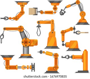 Industrial robots manipulators collection vector robotic illustration isolated on white. Robotized arm modern industry robotically technology. Factory machinery automatic element. Manufacture set