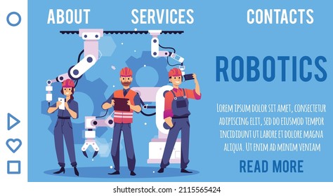 Industrial robots website page interface with smart factory workers monitoring work of robotic system, flat vector illustration. Webpage or presentation slide design.